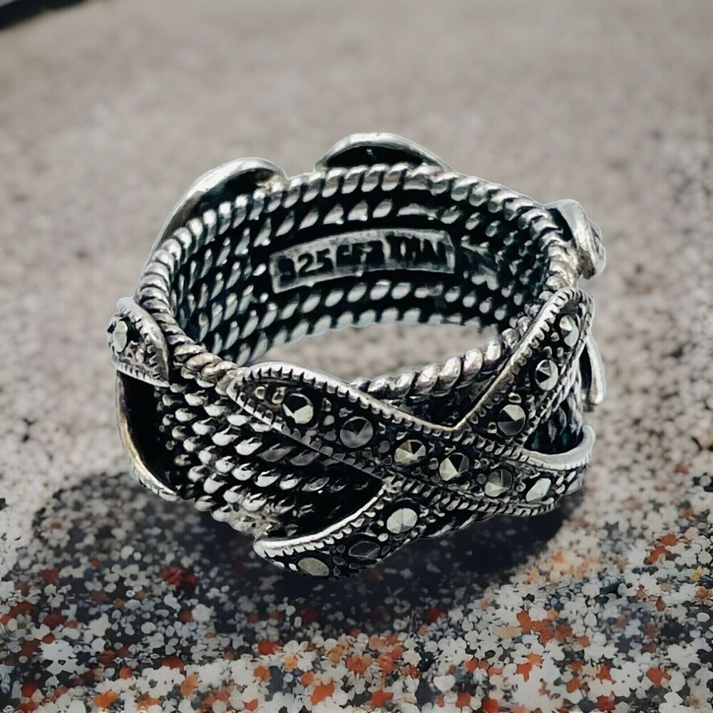 Wide Roped Cigar Band Sterling Silver Marcasite Ring 9.8mm Crossover Size 5.75
